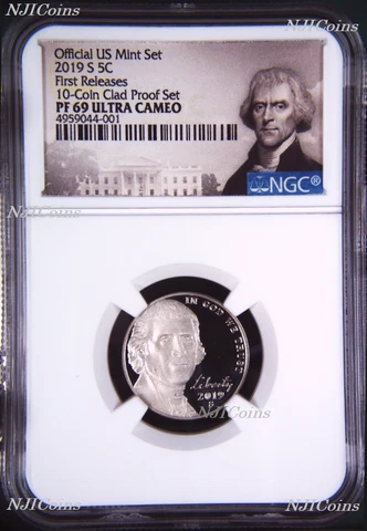 2019 S Proof 5C Nickel NGC PF69 ULTRA CAMEO FR in 10-coin-set Jefferson label Cover