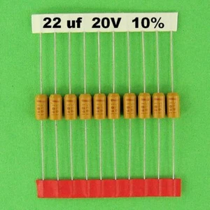 10 ea 22uf 20V 10% Tantalum Capacitor Axial Lead, 22 uf ufd mf, 20 V Volt Cap - Picture 1 of 3