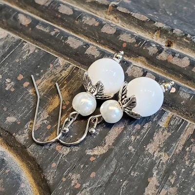 White Jade Gemstone White Faux Pearl Antiqued Silver Dangle Earrings - Image 1 of 4