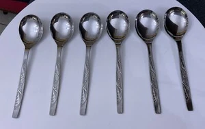 Vintage 6 Firth 18cm Stainless Steel Swirl Ribbon Soup Spoons Cutlery - Picture 1 of 8