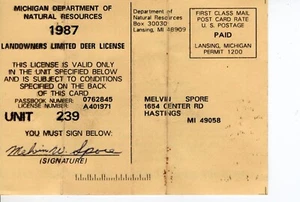 1987 MICHIGAN DNR LANDOWNERS LIMITED DEER LICENSE PERMIT -MICHIGAN DEER-BEAR - Picture 1 of 1