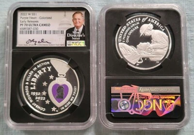 2022 W PURPLE HEART COLORIZED SILVER DOLLAR NGC PF70 UC EARLY RELEASES RYDER  - Image 1 of 4