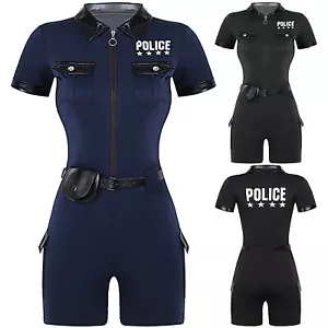 DE Damen Polizistin Kostüm Polizei Uniform Kurzarm Body Overall Faschingskostüm - Bild 1 von 19