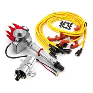 Chevy SBC 350 BBC 454 Distributor (Vacuum) Red + Chrome Coil + Accel Wire Leads - Picture 1 of 2