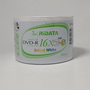 RIDATA Blank 16X DVD-R 50 pk White Inkjet Hub Printable 4.7GB Recordable Disc. - Picture 1 of 12