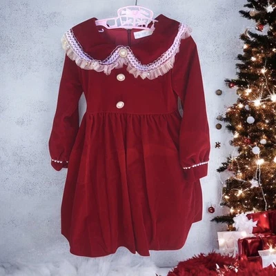 Vestido navideño vintage de terciopelo niña 5 cuello de encaje imitación perla estrella Foto 1 de 4