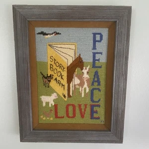 VTG 1970s Framed Needlepoint Story Book Farm Animals Peace Love 15.5x12.5 USA - Picture 1 of 8