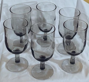 Set Of 6 Wine Glasses Wide Swirled Smoke Gray Water Goblets 1960's Unbranded  - Picture 1 of 8