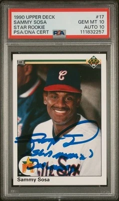 1990 Fleer Upper Deck #17 Sammy Sosa RC auto signed inscribed card PSA DNA 10 10 - Image 1 of 2