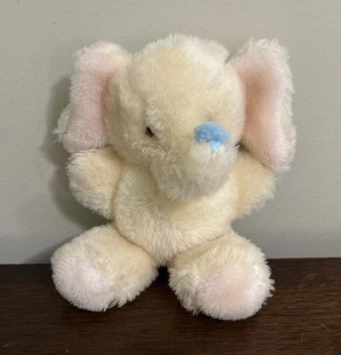 Sonajero de elefante Edén vintage felpa amarillo azul nariz rosa pies 7" Foto 1 de 4