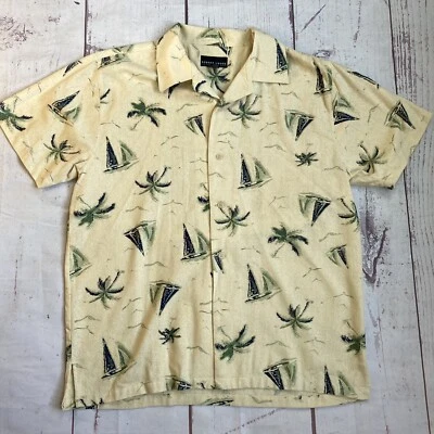 Robert Louis L Large Beige 100% Silk Button Shirt Novelty Sail Boat Palm Print - Image 1 of 4