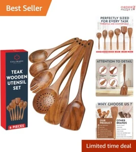 Teak Wooden Utensil Set 6-Piece Non Scratch Ergonomic Cooking Tools Durable K... - Picture 1 of 9