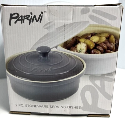 NEW Parini 2 pc. Stoneware Serving Dishes With Lids New In Box White Gray - Image 1 of 4