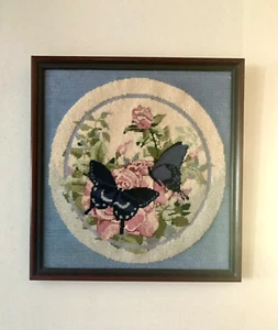 Vtg Boho Hand Embroidered Butterflies Roses Framed Art Work 13x14” Cottage Core - Picture 1 of 14