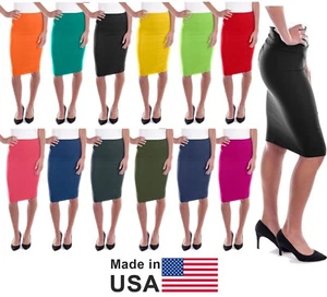 Falda de lápiz clásica elástica * rodilla baja recta * colores lisos * HECHA EN EE. UU. - Imagen 1 de 14