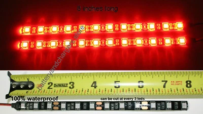 2 Red BRIGHT 8 inch 12 LED Waterproof Flexible Light Strip BLACK PCB board - Image 1 of 3