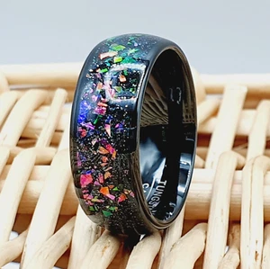 Domed Black Tungsten Purple Opal & Abalone Fragment inlay Men's Unique Ring - Picture 1 of 8
