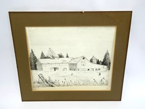Ella Crampton 6/1/1976 Barn Scene Black & White Vintage Drawing Unframed - Picture 1 of 8
