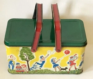 1940er Kinder spielen Hund Katze Ballons Cowboy Drachen Brotdose Keksdose Litho - Bild 1 von 8