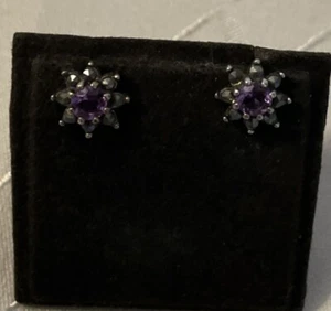 Silver and Amethyst Stud earrings with Marcasite Stones - Picture 1 of 5