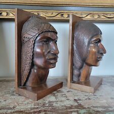 Vintage Wood Carved South American Bust Bookends Indigenous Peoples 9.5"