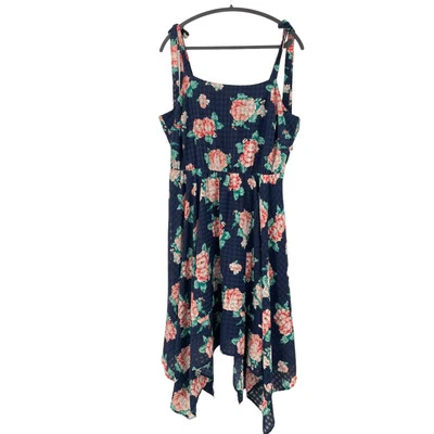 Modcloth Floral Sundress 1X Navy Fit & Flare Retro Party Summer Handkerchief Hem - Image 1 of 4
