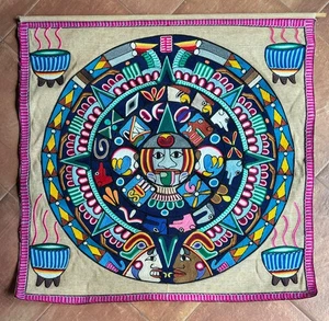 Vintage Mexican Mayan Aztec Embroidered Calendar Wall Hanging - Folk Art - Picture 1 of 3