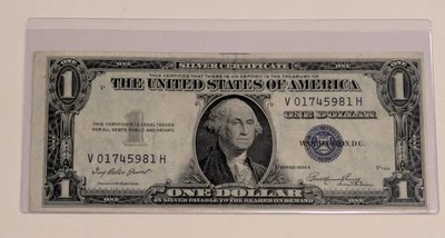 US 1935 E, $1 Silver Certificate, Mule Note, Off Center Cut/Print, Blue Seal  - Image 1 of 2