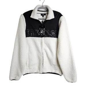 NWT TRUE RELIGION Colorblock Sherpa Logo Jacket Coat WHITE & BLACK size S Fleece - Picture 1 of 12