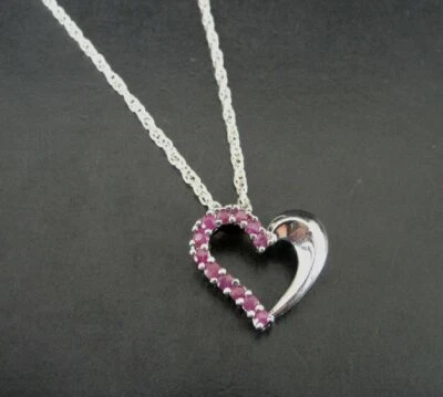 Necklace Ruby Stones Heart open 925 Sterling Silver Pendant Chain NECKLACE - Image 1 of 4