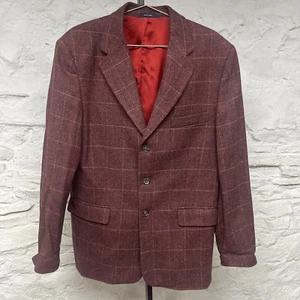 Vintage 90s GAP Virgin Wool Red 3 Button Blazer Herringbone Check Windowpane - Picture 1 of 10
