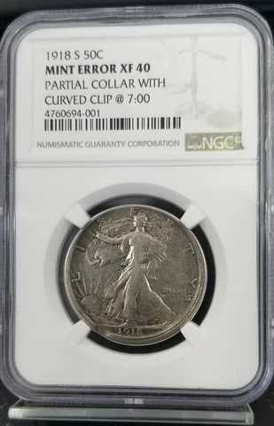 1918-S 50c Walking Liberty Half Dollar MINT ERROR NGC XF 40 Partial Collar CLIP Cover