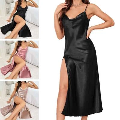 Mujeres Sexy Maxi Vestido Largo Cuello en V Sin Mangas Satén Cóctel Fiesta Abertura Foto 1 de 4