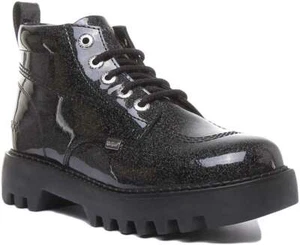 Kickers Kizziie Hi klobige Damen-Stiefeletten schwarz Glitzer Lack UK-Größe 3–8 - Bild 1 von 6