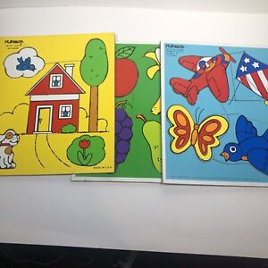 Vintage Lot of 3 PlaySkool Wooden Puzzles Home Fruit Flying