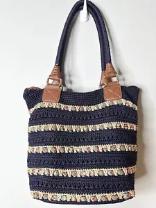 Bolso de Mano The Sak Cambria Grande de Ganchillo Doble Correa con Cremallera Superior Cinta Tejida Marina Usada en Excelente Condición - Imagen 1 de 14