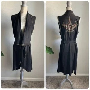 Tasha Polizzi Vest Brown Embroidered Open Front Belted Faux Suede Sz S - Picture 1 of 10