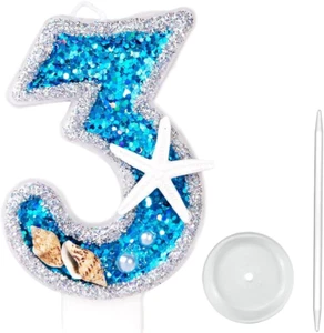 Blue Glitter Number 3 Candle with Conch Starfish Sequins for Celebrations - Picture 1 of 5