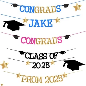 GRADUATION BANNER CONGRADS BUNTING Prom 2025 DECORATIONS GOLD PINK BLACK BLUE - Picture 1 of 11