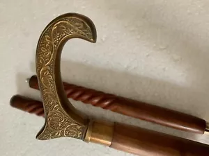 Curved Handle Stick Wooden Walking Brass Foldable Cane Vintage Designer Replica - Picture 1 of 5