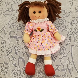 Stoffpuppe, braune Garnhaare, rosa Blumenkleid - vielleicht BigJigs Rose  - Bild 1 von 8