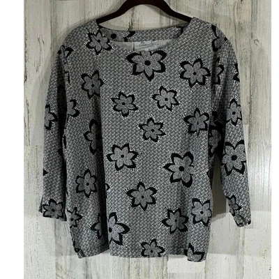 Lo último Top Algodón Marc Ware Mezcla Lino Mediano Negro Floral Manga 3/4 Cuadrado LEER Foto 1 de 4