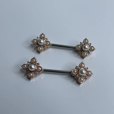 Juego de 2 anillos para pezones de acero quirúrgico 316L oro rosa y perlas calibre 14 Foto 1 de 4