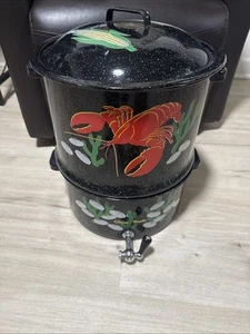 Vintage Double Steam Speckled Black Seafood Lobster Steamer Clam Corn Broth Pot - Picture 1 of 12