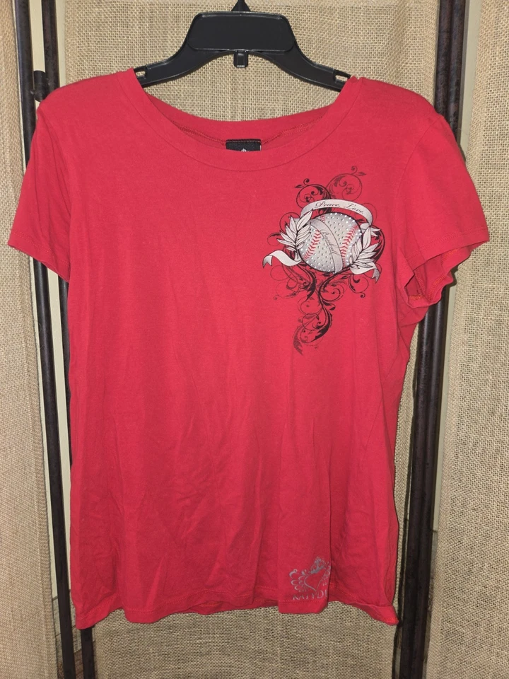 Women's Vintage Katydid Red Peace Love Baseball Graphic Rhinestone Shirt Size 2X - Image 1 of 4