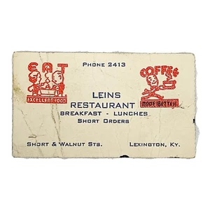 Vtg 1940's Lexington Kentucky Business Card Leins Restaurant Short & Walnut St - Picture 1 of 4