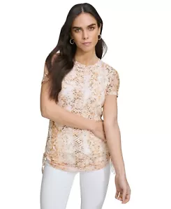 Calvin Klein Drawstring-Side Printed Top Women's XS Turmeric Multi Short Sleeve~ - Picture 1 of 13