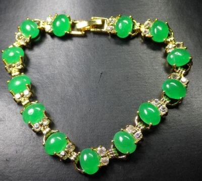 Real Ice Green Jade Cabochon Cubic Zirconia Yellow Gold Plated Bangle Bracelet - Image 1 of 4