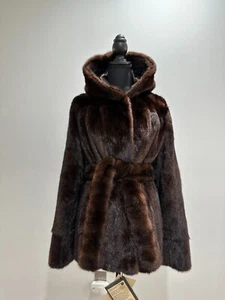 Luxury Womens Real 100% MINK FUR COAT 1201065 size L Hooded Jacket BROWN NATURAL - Picture 1 of 17