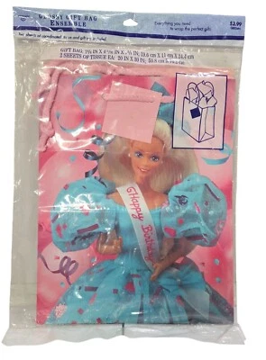 1990-е Барби С Днем Рождения Подарочная Сумка Ансамбль 2 Листа Ткани Запечатанные - Изображение 1 из 4